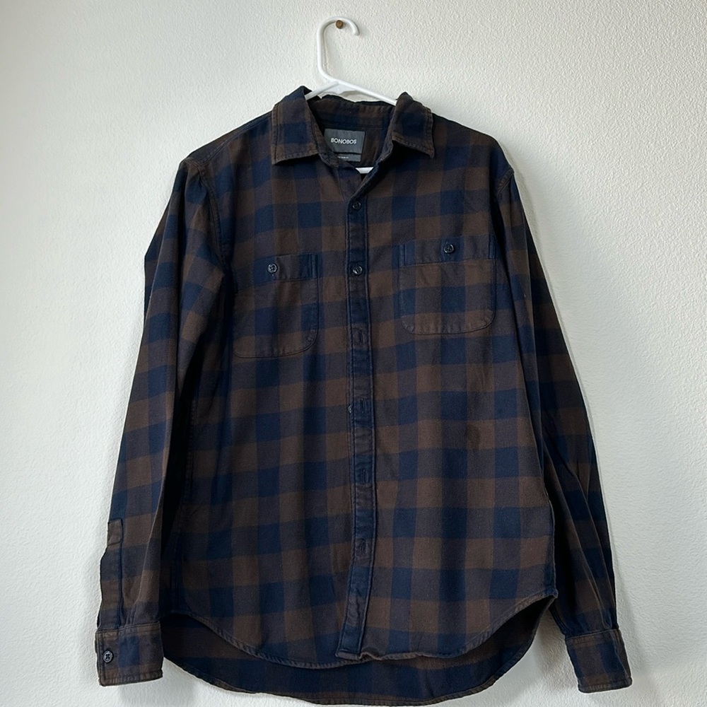 Bonobos Flannel Shirt, Brown/Navy Buffalo Check, Size L, Slim Fit